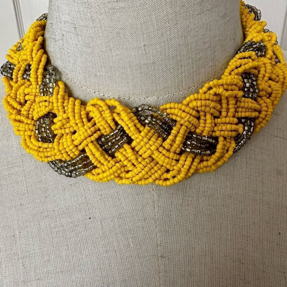 Yellow and silver tone seed beaded statement necklace